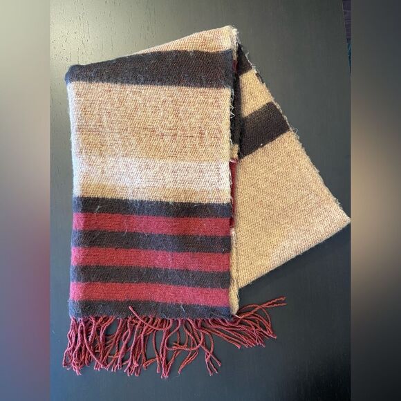 Forever 21 Brown Black Red Colorblock Oblong Scarf Soft Fringe Design - Picture 2 of 5